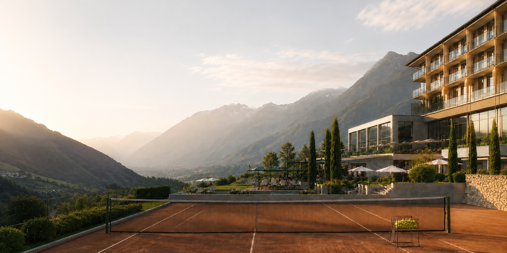 Elegantes Hotel mit Tennisplatz vor einer Bergkulisse im warmen Abendlicht